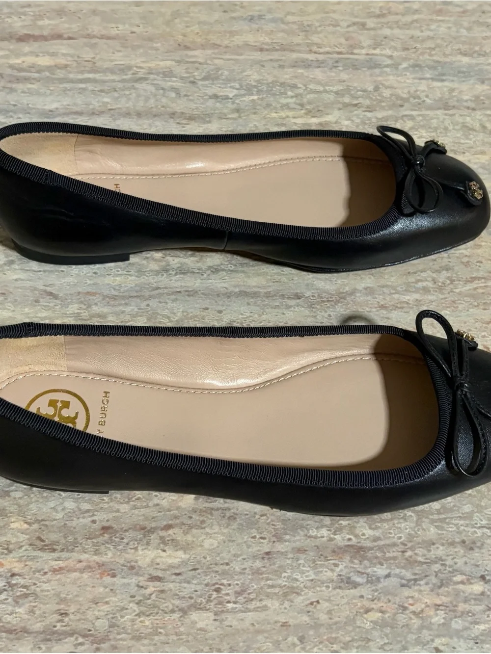 Tory Burch Laila Driver Black Leather Bow Ballet Flats with Gold Logo Charms